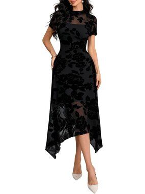 Gothic Floral Mesh Midi Dress for Women - Irregular Hem Summer Wedding Guest
